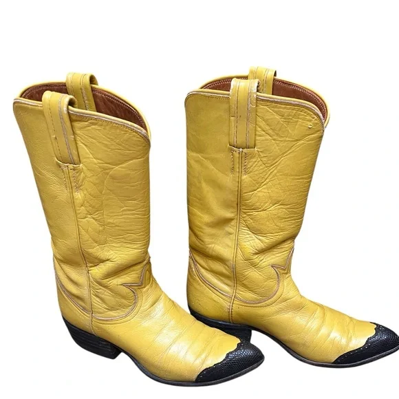Tony Lama Vintage Yellow Western Boots with Black Toe Caps - Picture 8 of 15